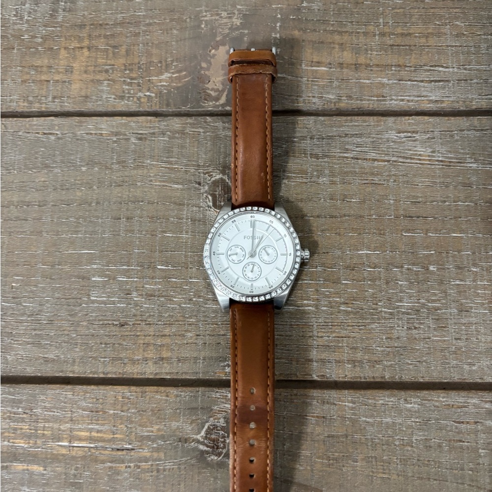 Fossil Silver Dial with Tan Leather Strap Watch